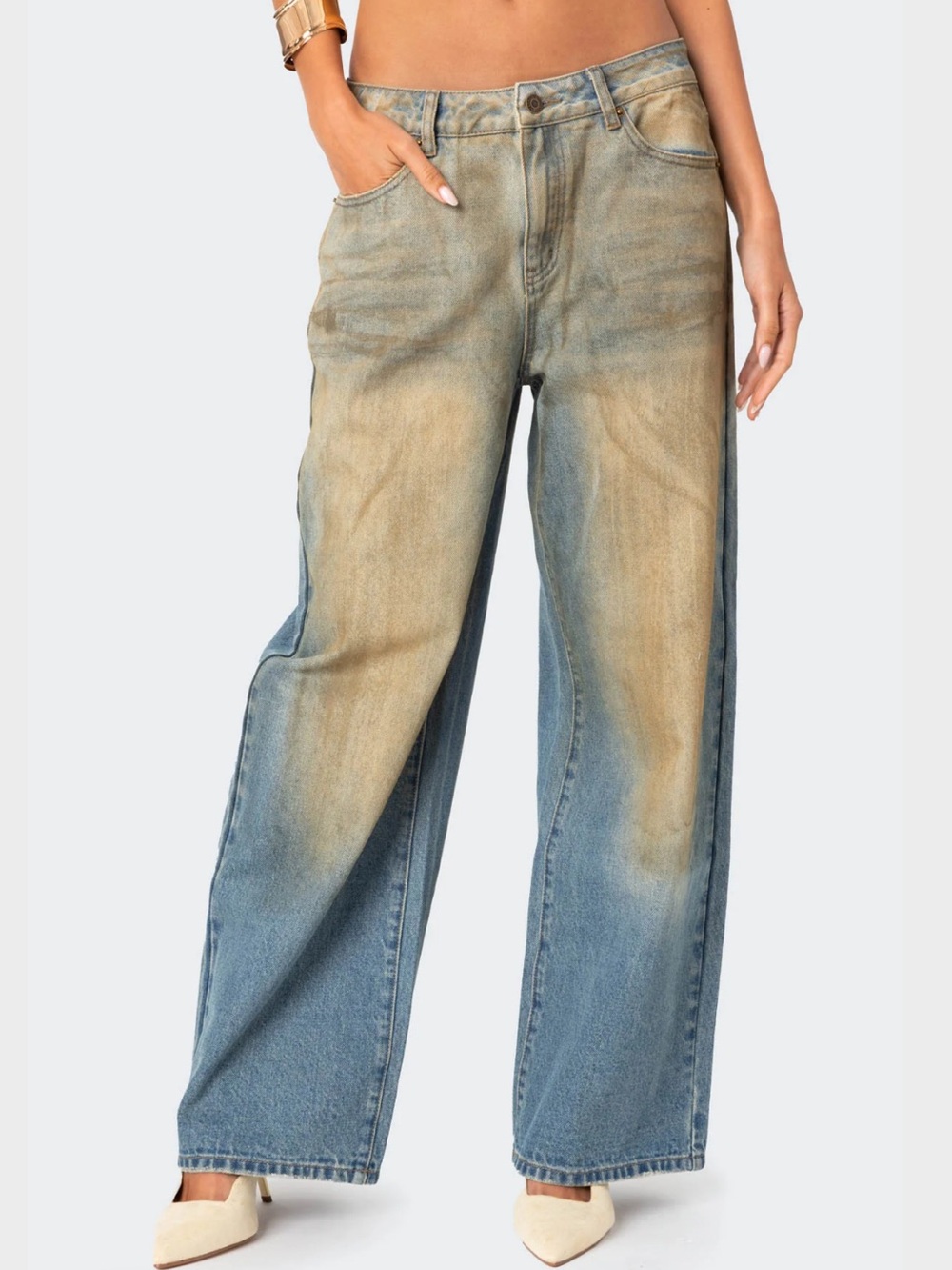 Edikted Dirty Mud Washed Wide Leg Denim Jeans L